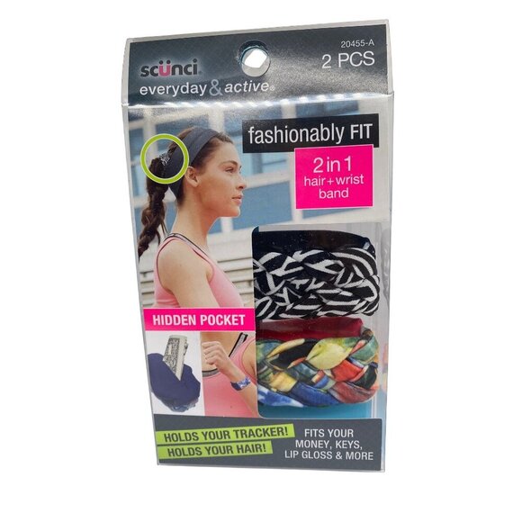 Scunci Everyday & Active Fashionably Fit 2 in 1 Hair Wrist Band 20455-A Colorful - Picture 1 of 7